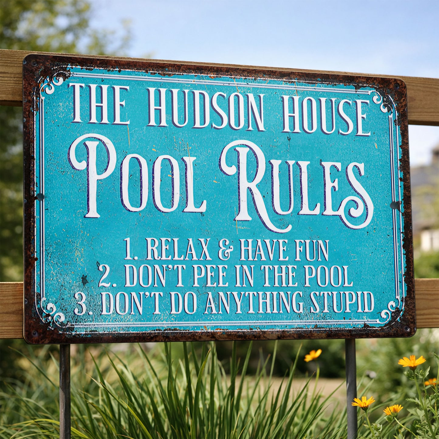 Pool Rules Relax Have Fun Custom Family Name Poolside Sign - Personalized Metal Sign - FAM856_MSIGN
