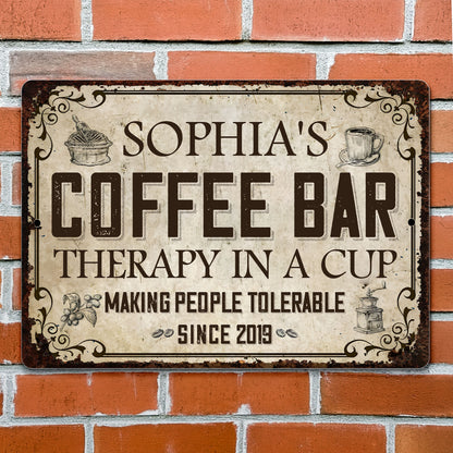 Coffee Bar Therapy In A Cup Making People Tolerable Vintage Grinder - Personalized Metal Sign - FAM861_MSIGN