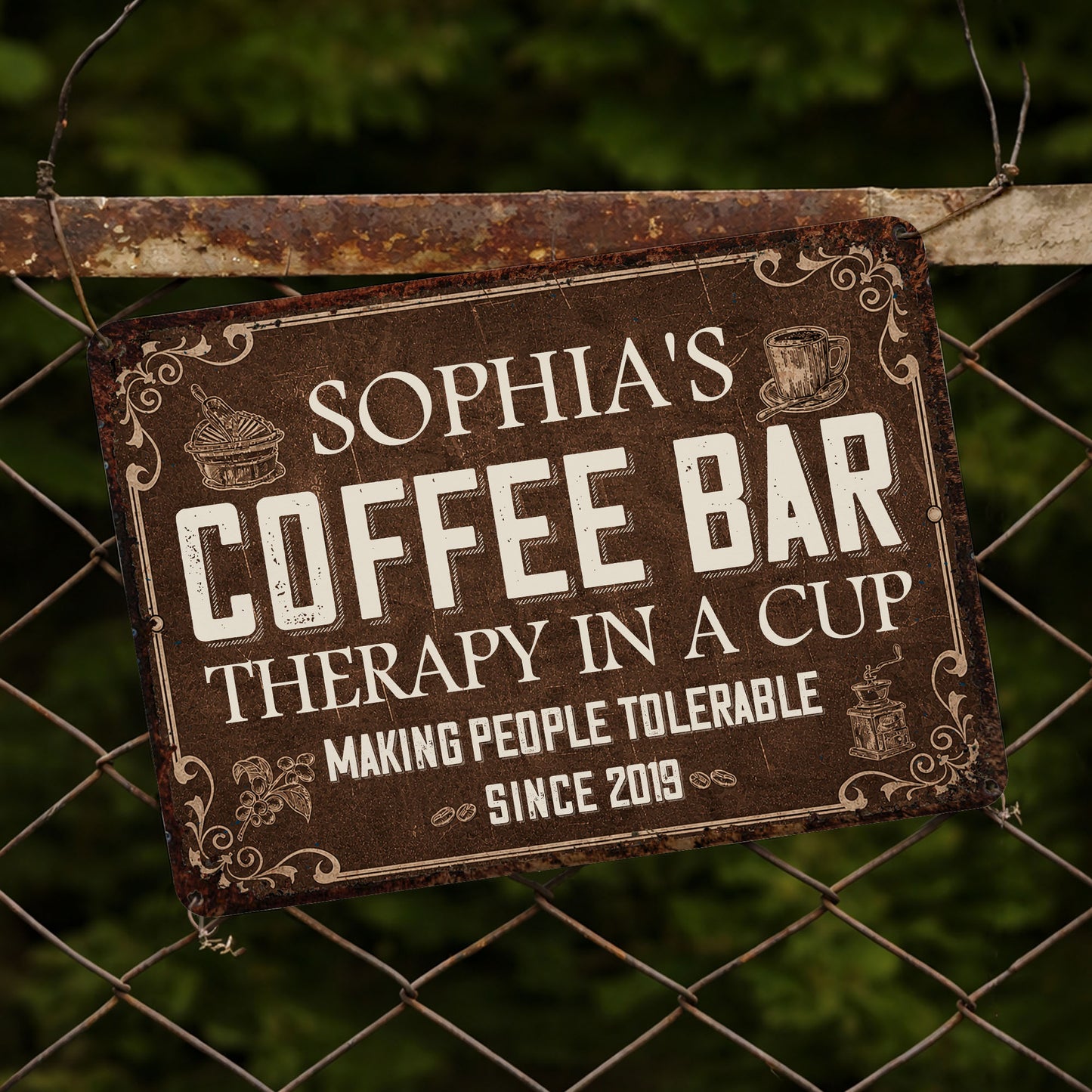Coffee Bar Therapy In A Cup Making People Tolerable Vintage Grinder - Personalized Metal Sign - FAM861_MSIGN