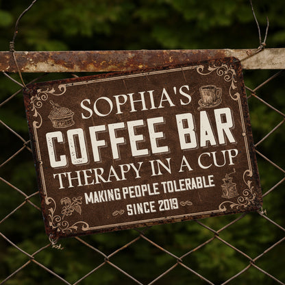 Coffee Bar Therapy In A Cup Making People Tolerable Vintage Grinder - Personalized Metal Sign - FAM861_MSIGN