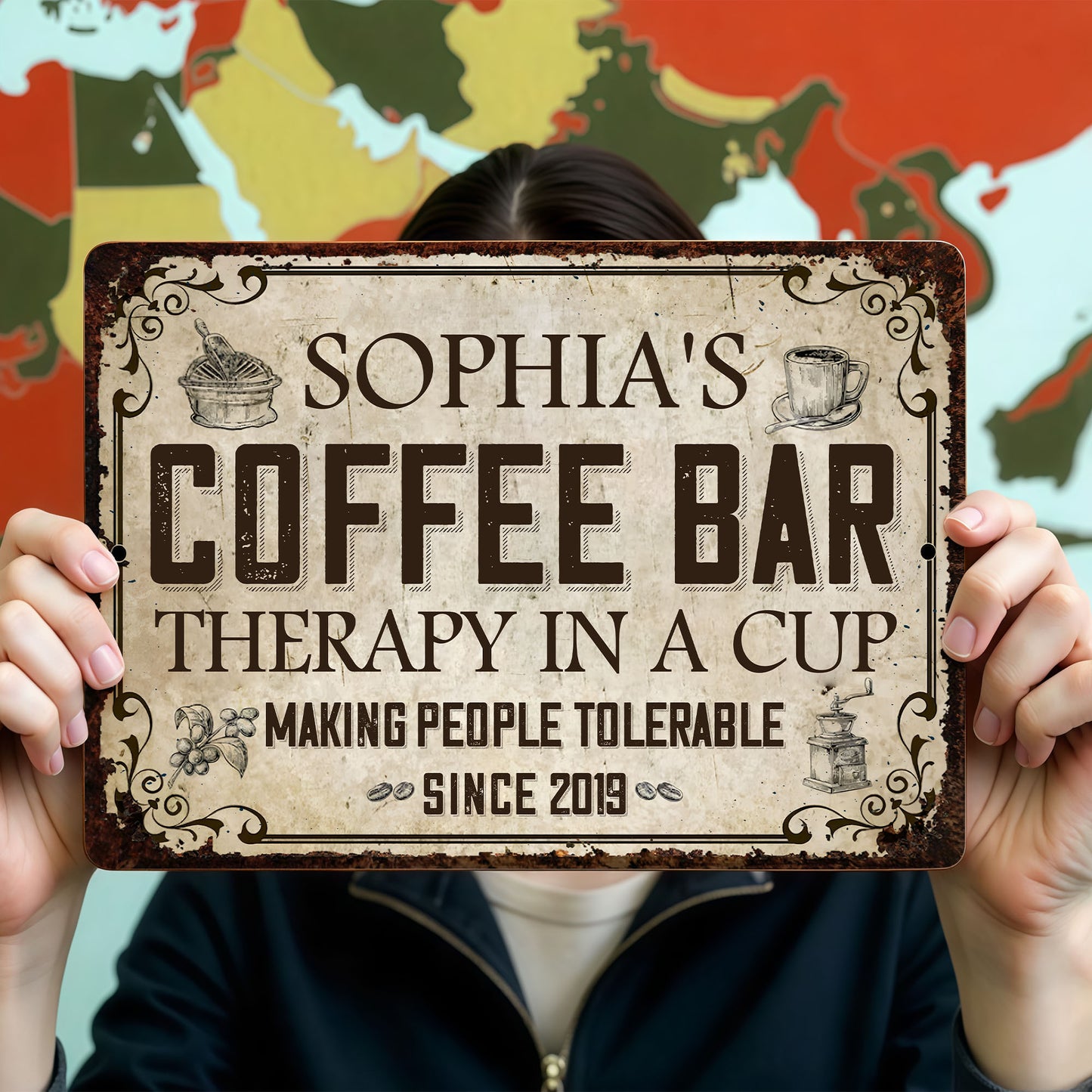 Coffee Bar Therapy In A Cup Making People Tolerable Vintage Grinder - Personalized Metal Sign - FAM861_MSIGN