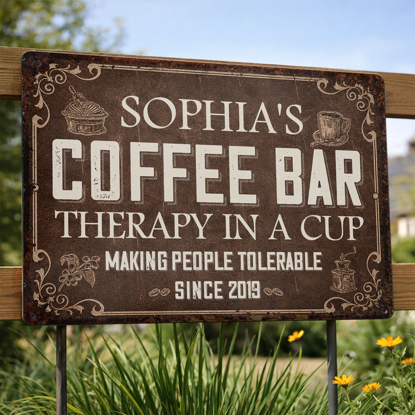Coffee Bar Therapy In A Cup Making People Tolerable Vintage Grinder - Personalized Metal Sign - FAM861_MSIGN