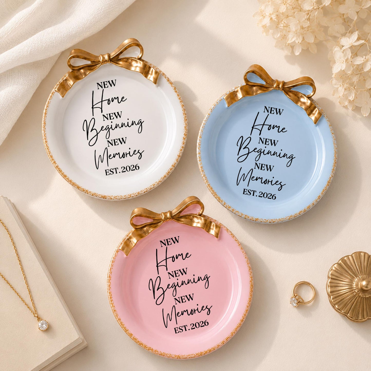 New Home New Beginning New Memories Gold Bow Jewelry Dish - Personalized Bow Jewelry Dish - FAM881_BOJED