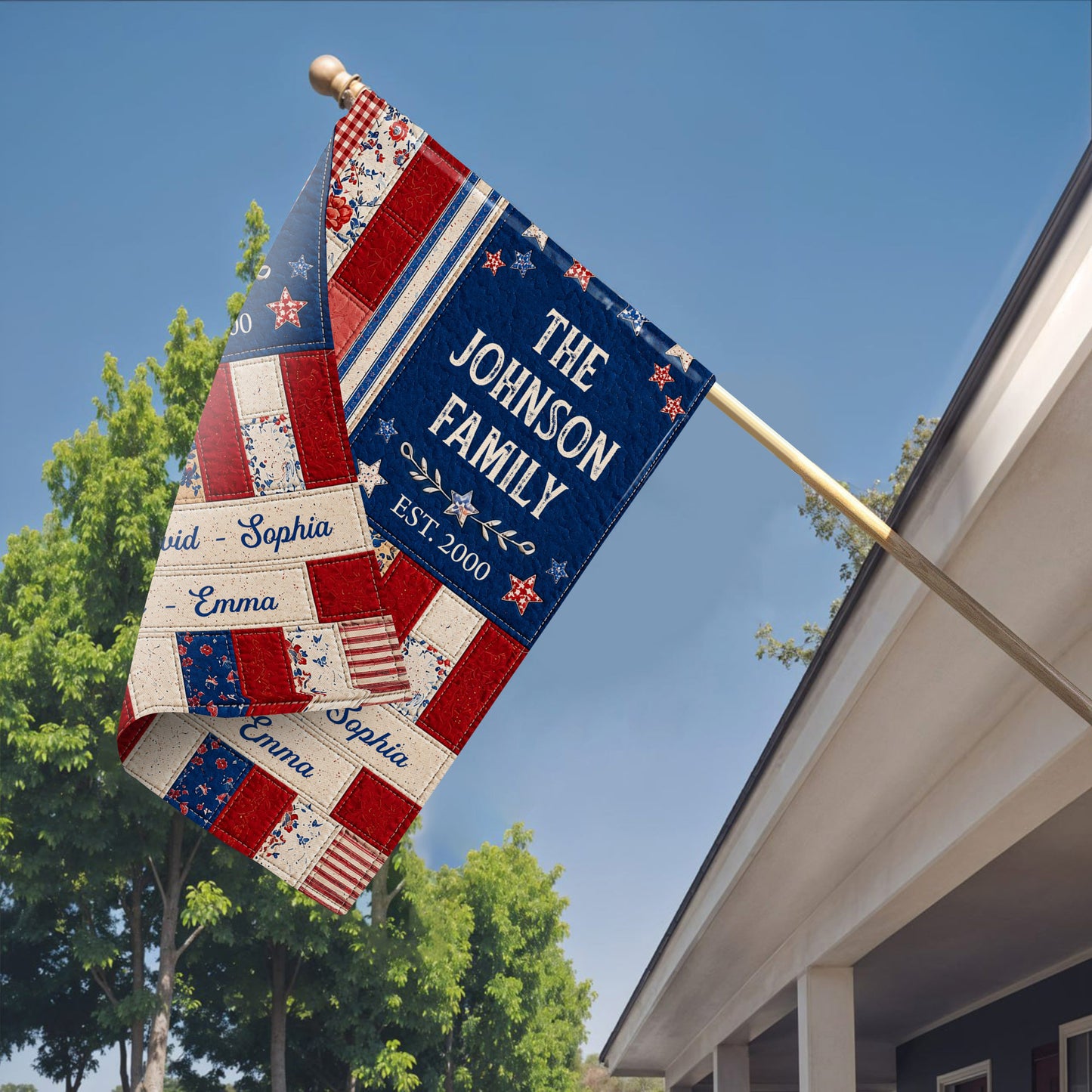 The Family Stars And Stripes Quilt Pattern Floral Flag - Personalized Flag - FAM884_GAF