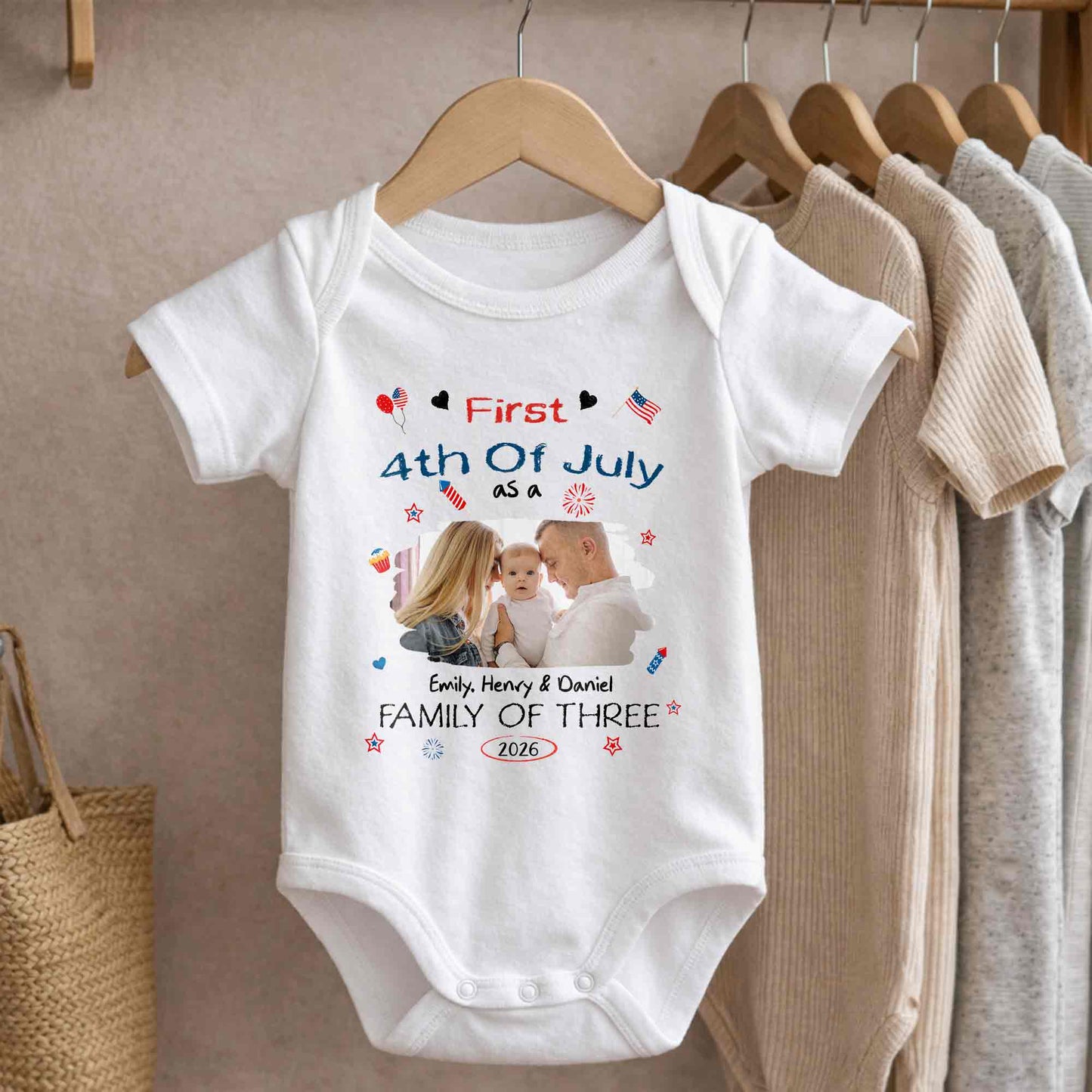 First 4th Of July As A Family Of Three Custom Photo Stars - Personalized Custom Baby Onesie - FAM886_ONES