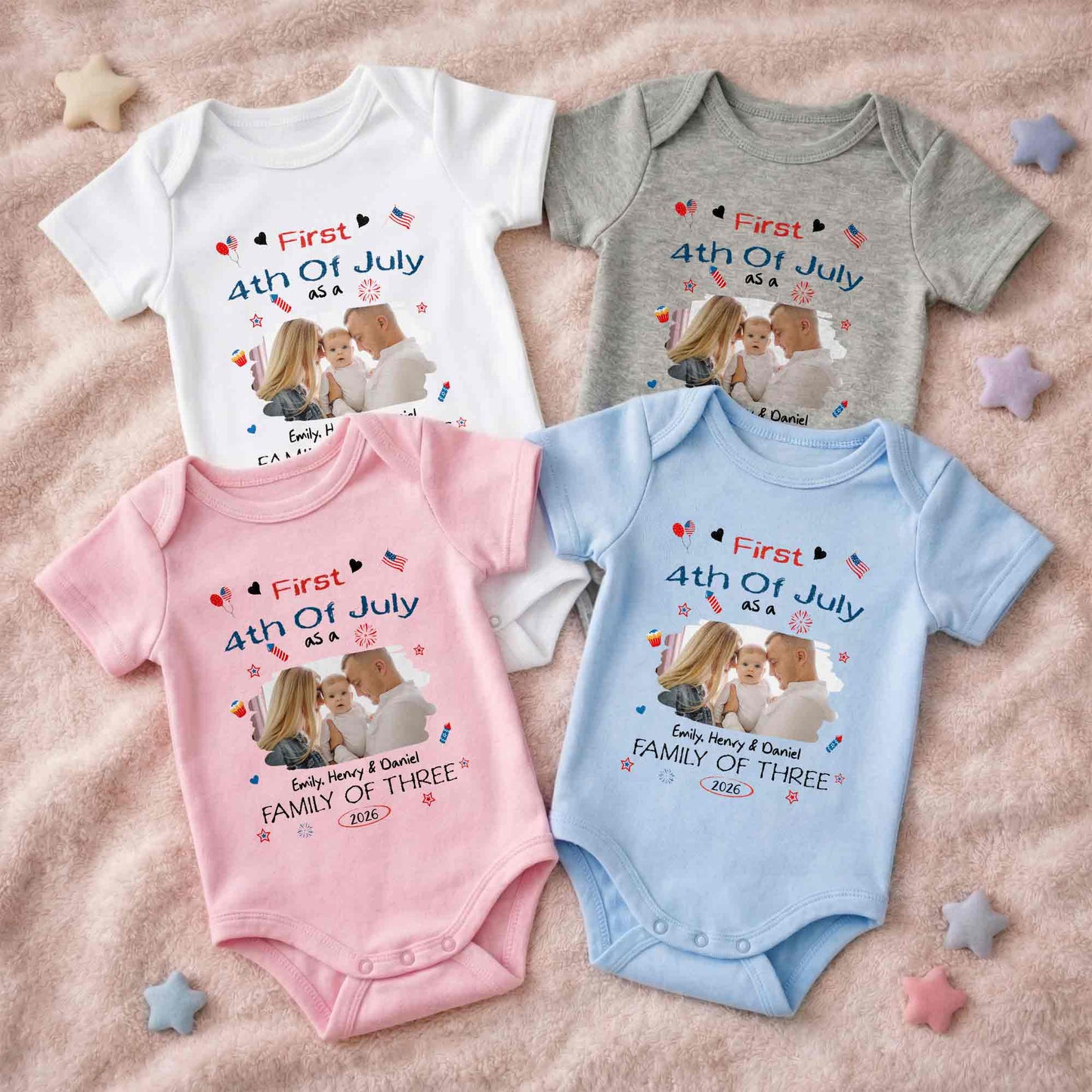 First 4th Of July As A Family Of Three Custom Photo Stars - Personalized Custom Baby Onesie - FAM886_ONES