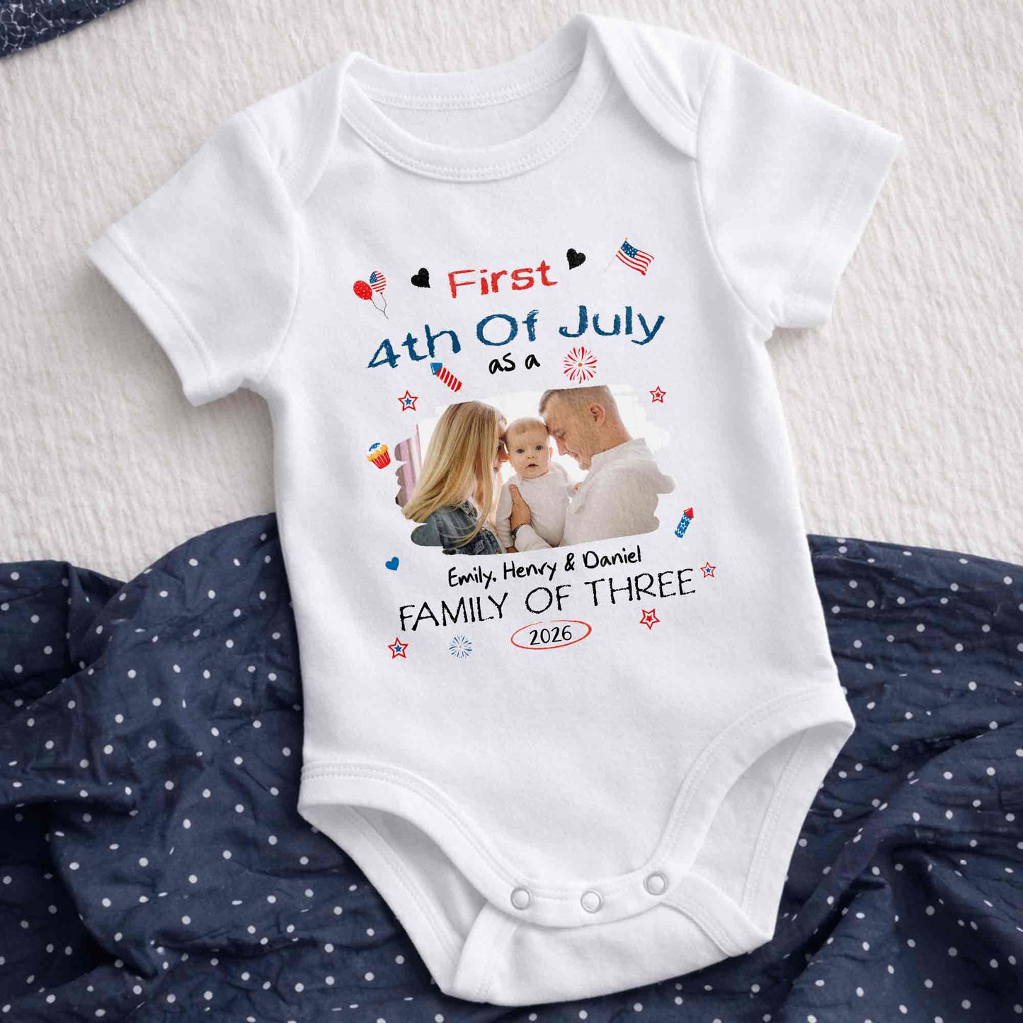 First 4th Of July As A Family Of Three Custom Photo Stars - Personalized Custom Baby Onesie - FAM886_ONES
