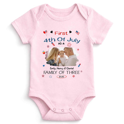 First 4th Of July As A Family Of Three Custom Photo Stars - Personalized Custom Baby Onesie - FAM886_ONES