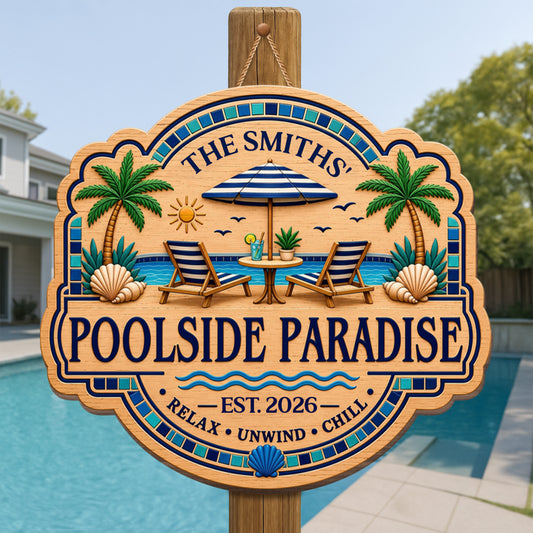 Poolside Paradise Relax Unwind Chill With Palm Trees And Pool Chairs - Personalized Custom Shaped Wood Sign - FAM962_WSIGN