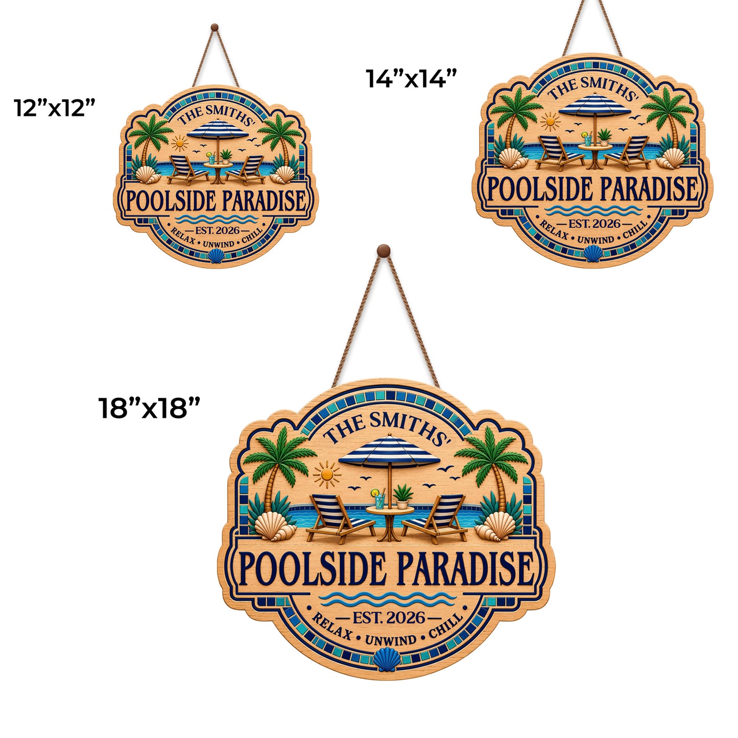 Poolside Paradise Relax Unwind Chill With Palm Trees And Pool Chairs - Personalized Custom Shaped Wood Sign - FAM962_WSIGN