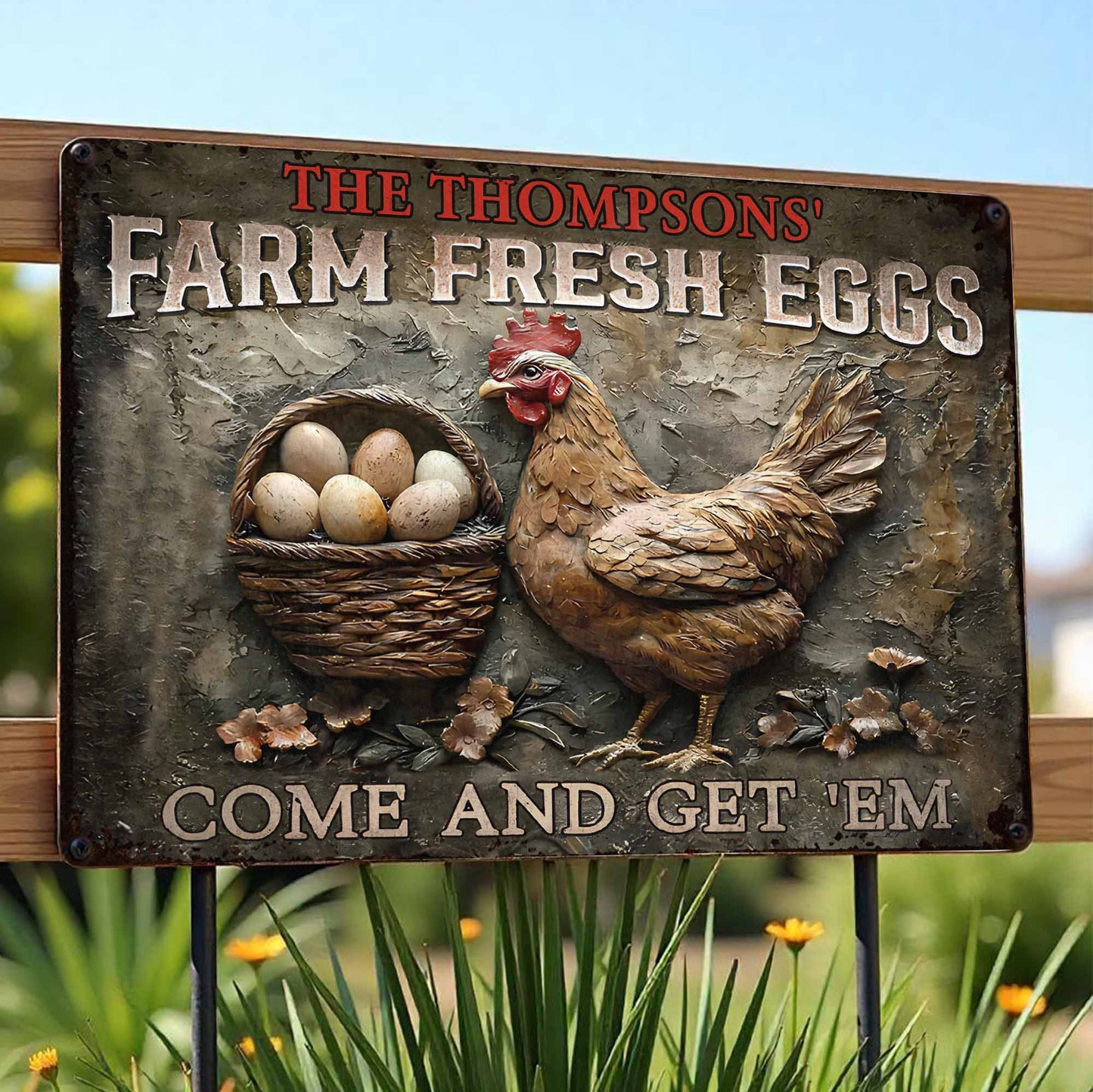 Farm Fresh Eggs Come And Get 'Em With Chicken And Flowers - Personalized Metal Sign - FARM002_MSIGN