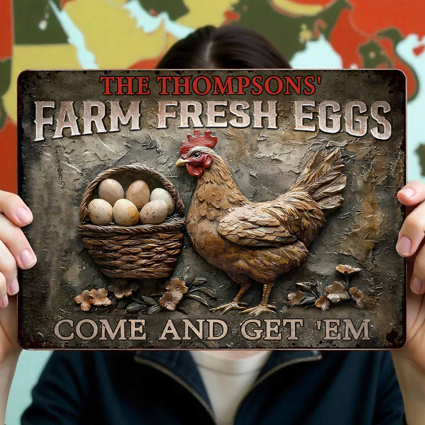 Farm Fresh Eggs Come And Get 'Em With Chicken And Flowers - Personalized Metal Sign - FARM002_MSIGN