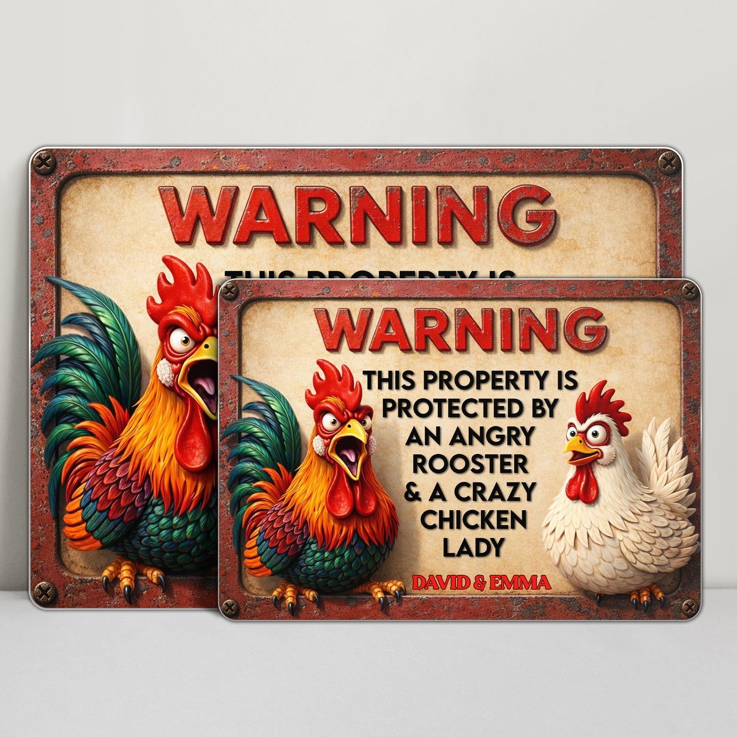 Warning Protected By Angry Rooster And Crazy Chicken Lady