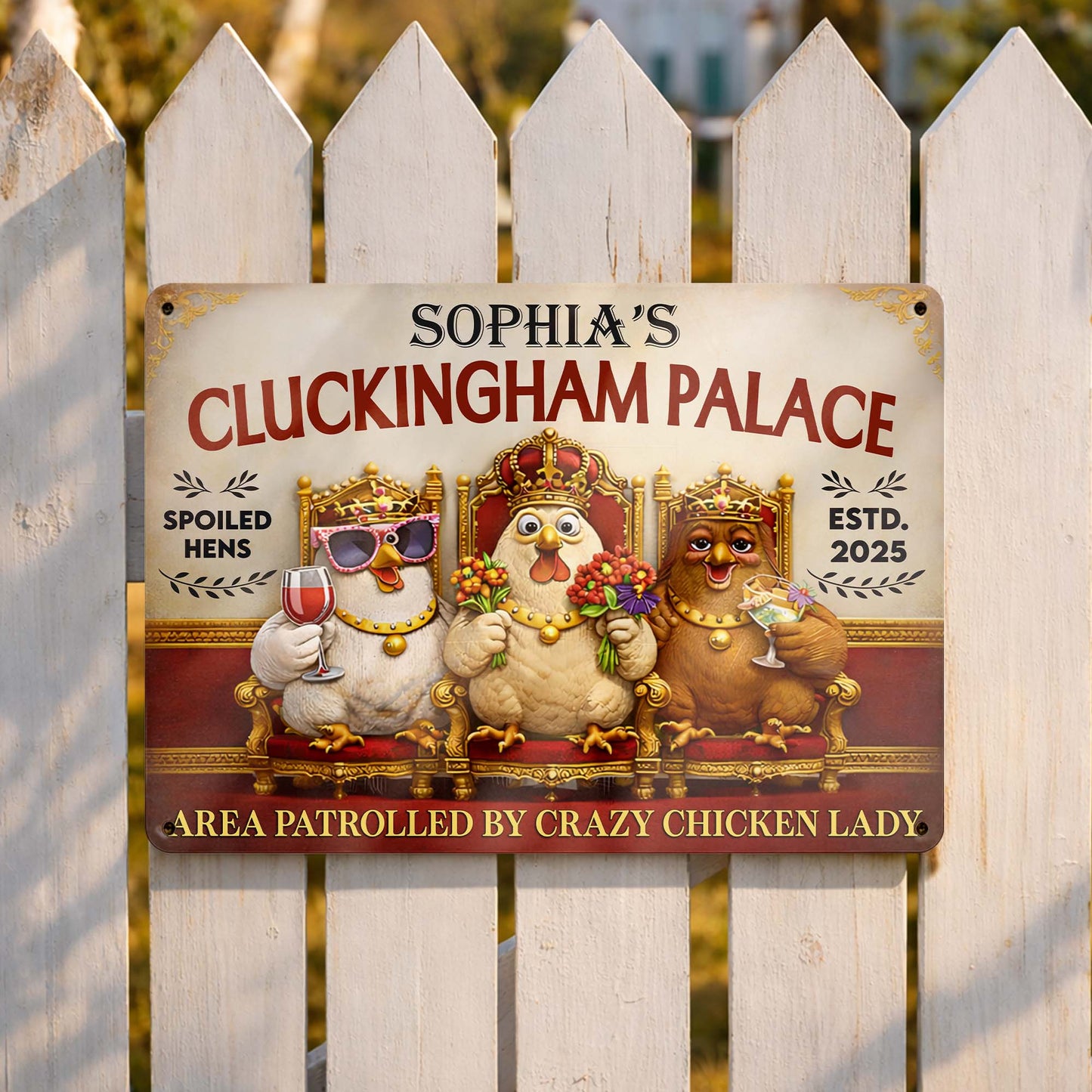 Sophia's Cluckingham Palace, Spoiled Hens, Patrolled by Crazy Chicken Lady