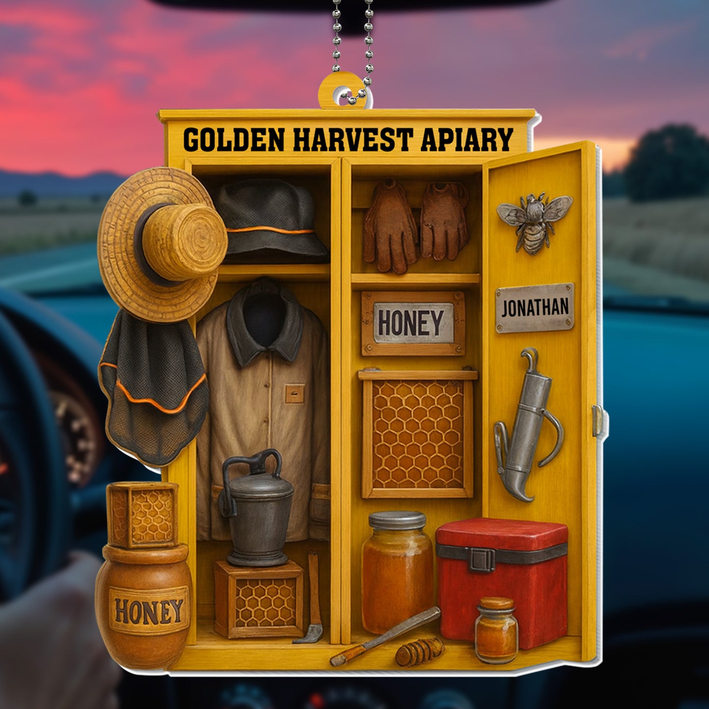 Golden Harvest Apiary With Beekeeping Gear And Honey Jars