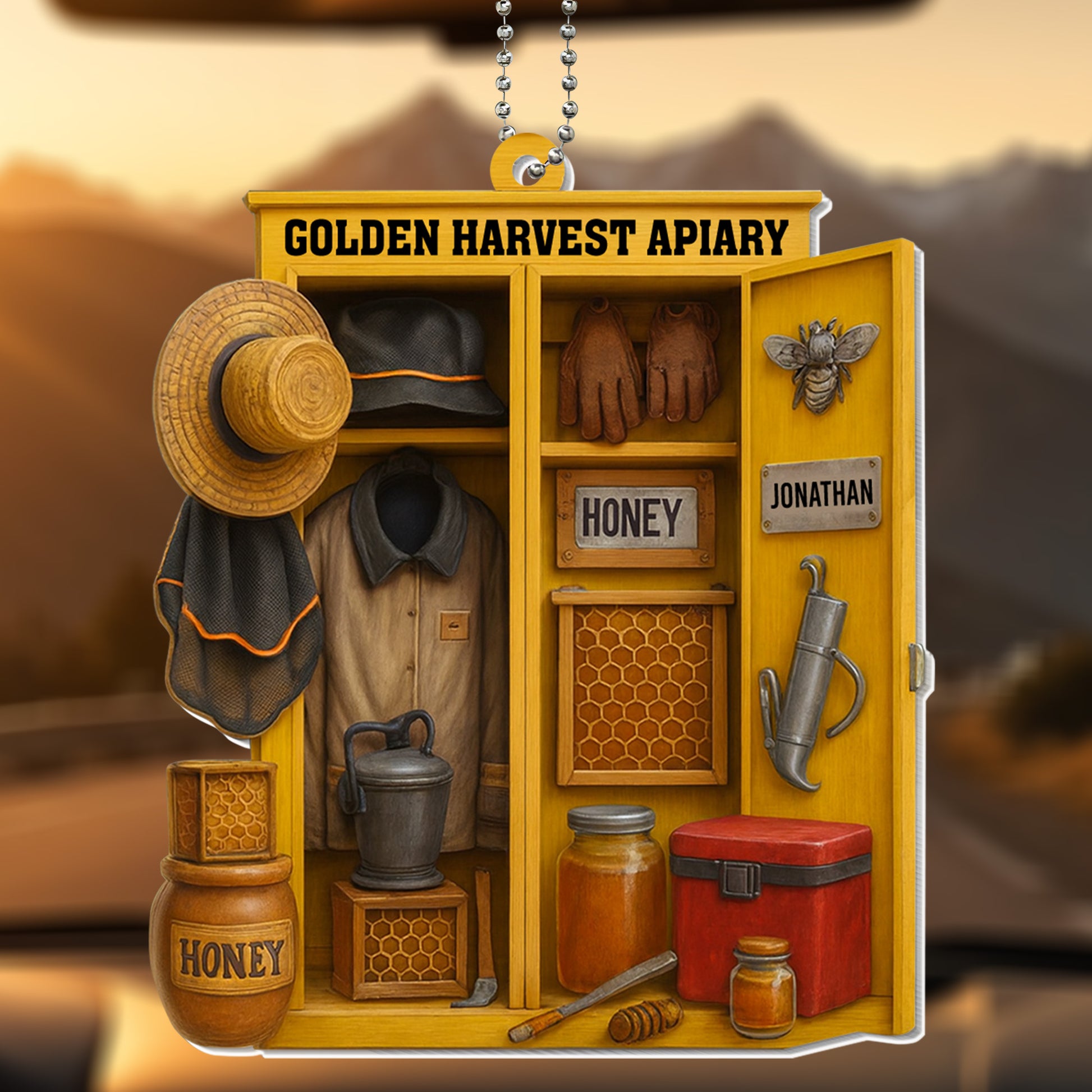 Golden Harvest Apiary With Beekeeping Gear And Honey Jars