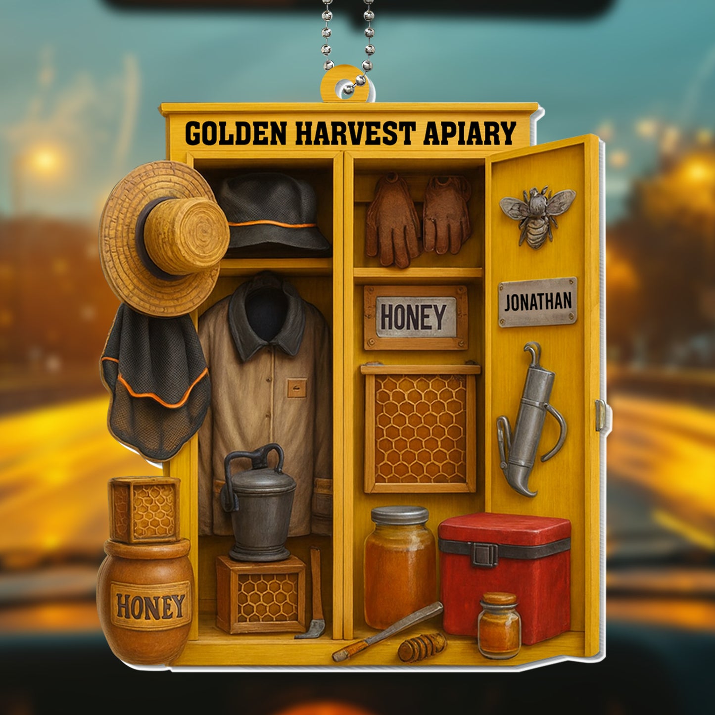 Golden Harvest Apiary With Beekeeping Gear And Honey Jars