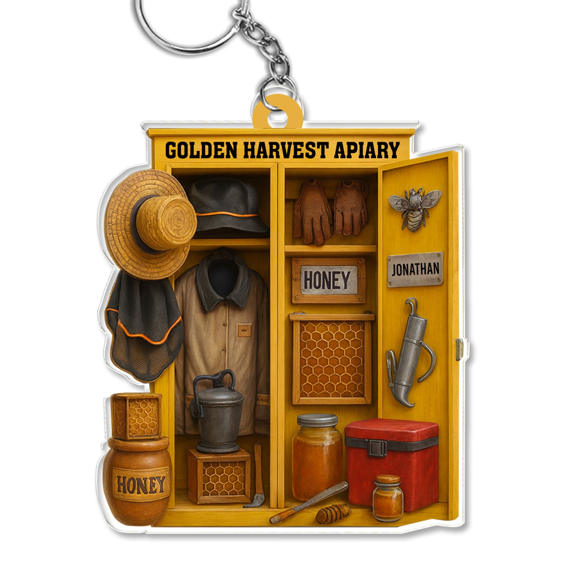 Golden Harvest Apiary With Bee And Beekeeper's Tools