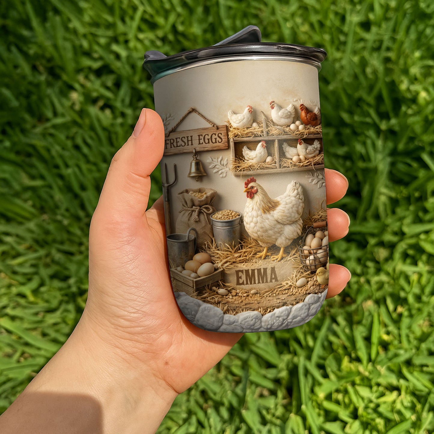 Fresh Eggs With Chickens And Farm Elements