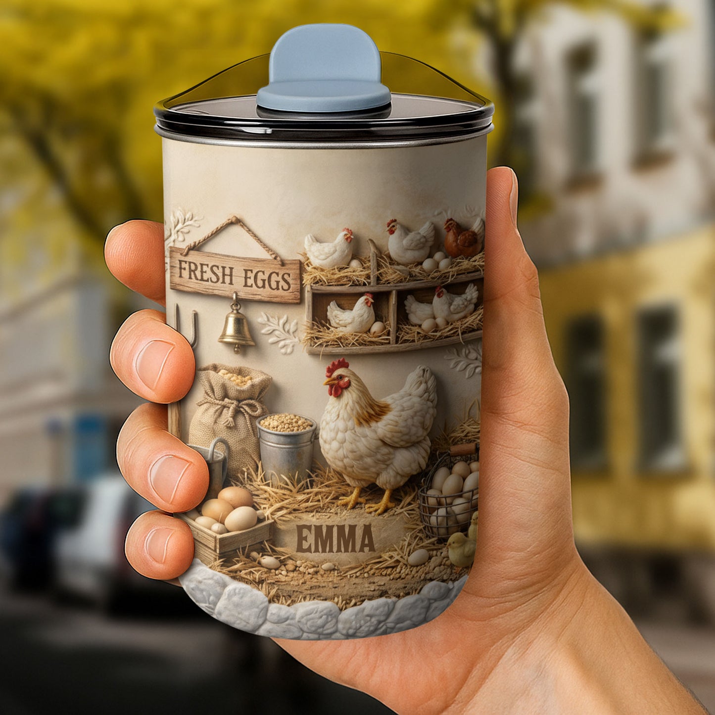 Fresh Eggs With Chickens And Farm Elements