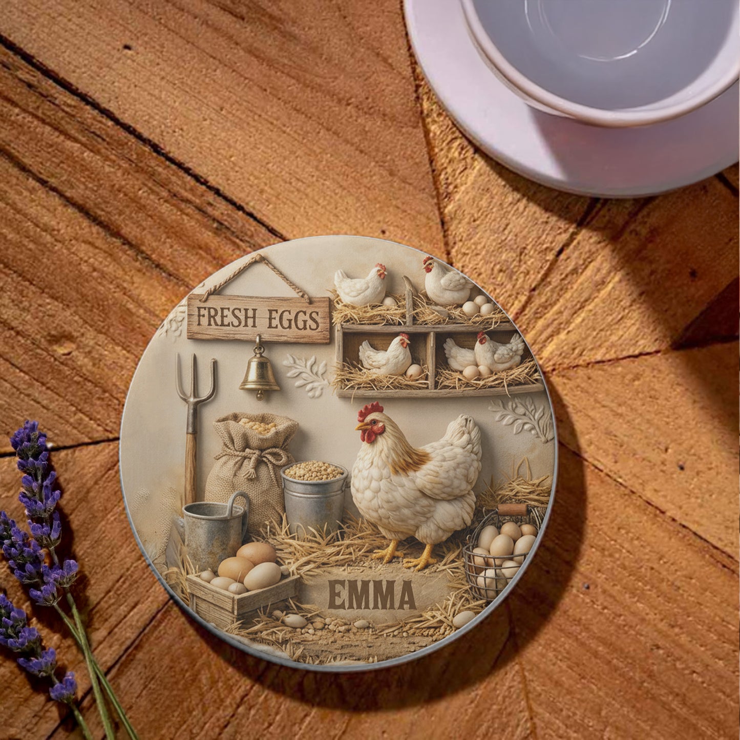 Fresh Eggs Rustic Farmhouse Design With Hen And Nesting Chickens - Personalized Custom Ceramic Coaster - FARM020_ROCO