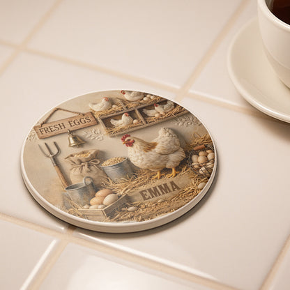 Fresh Eggs Rustic Farmhouse Design With Hen And Nesting Chickens - Personalized Custom Ceramic Coaster - FARM020_ROCO