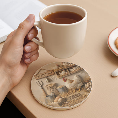 Fresh Eggs Rustic Farmhouse Design With Hen And Nesting Chickens - Personalized Custom Ceramic Coaster - FARM020_ROCO