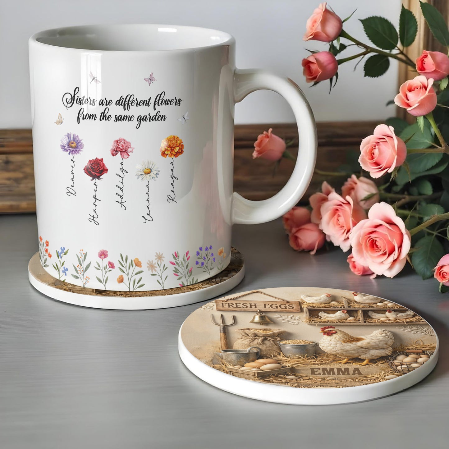 Fresh Eggs Rustic Farmhouse Design With Hen And Nesting Chickens - Personalized Custom Ceramic Coaster - FARM020_ROCO