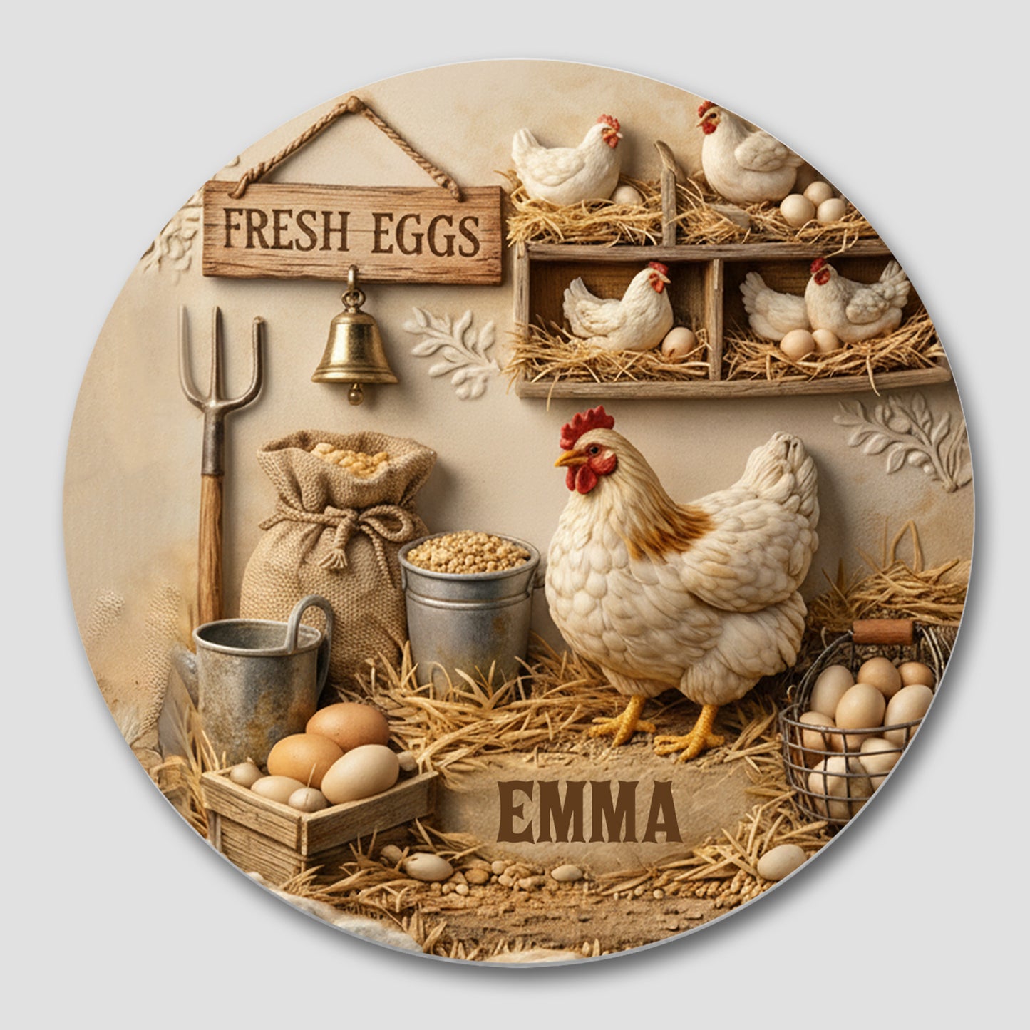 Fresh Eggs Rustic Farmhouse Design With Hen And Nesting Chickens - Personalized Custom Ceramic Coaster - FARM020_ROCO