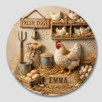 Fresh Eggs Rustic Farmhouse Design With Hen And Nesting Chickens - Personalized Custom Ceramic Coaster - FARM020_ROCO