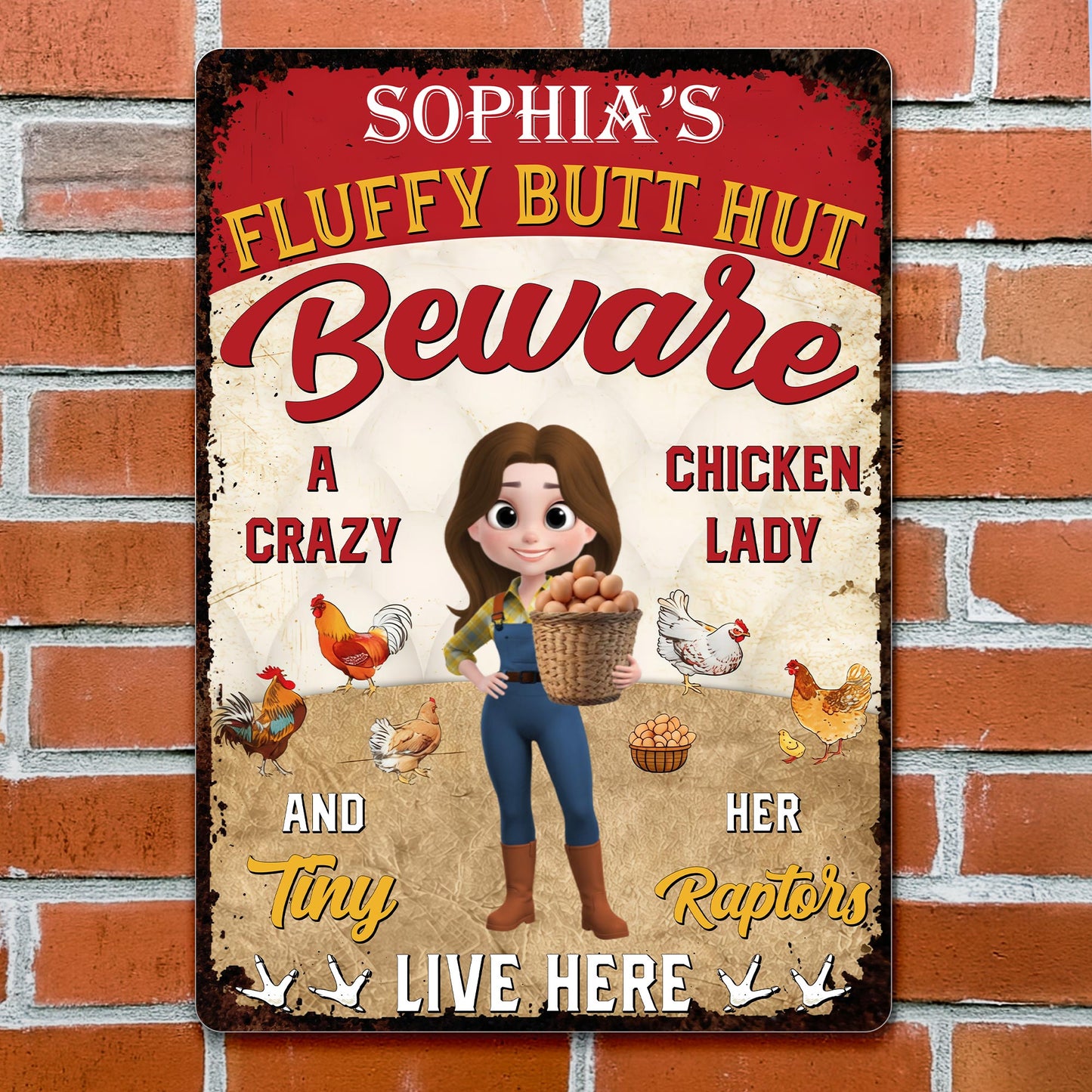 Fluffy Butt Hut Beware Crazy Chicken Lady - Personalized Metal Sign - FARM033_MSIGN