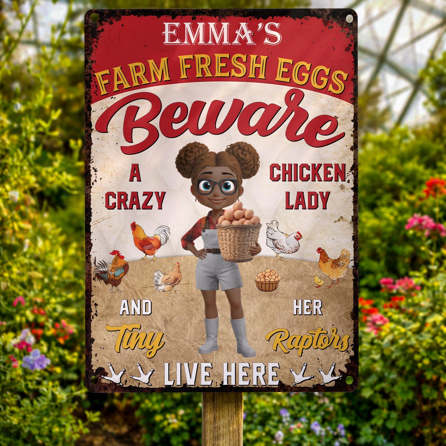 Fluffy Butt Hut Beware Crazy Chicken Lady - Personalized Metal Sign - FARM033_MSIGN