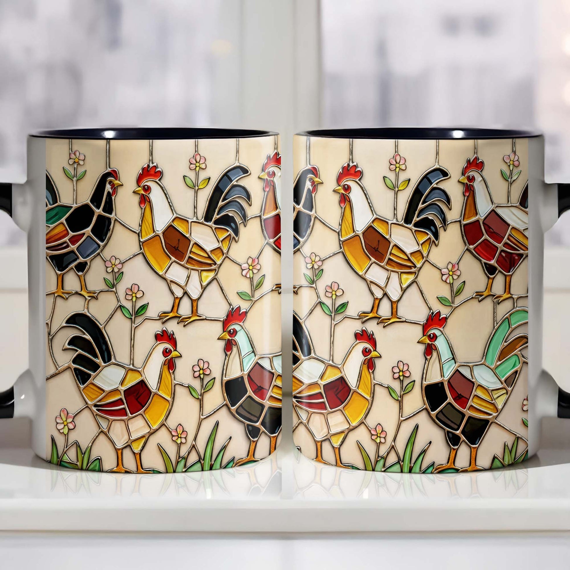 Stained Glass Rooster Design Custom Mug