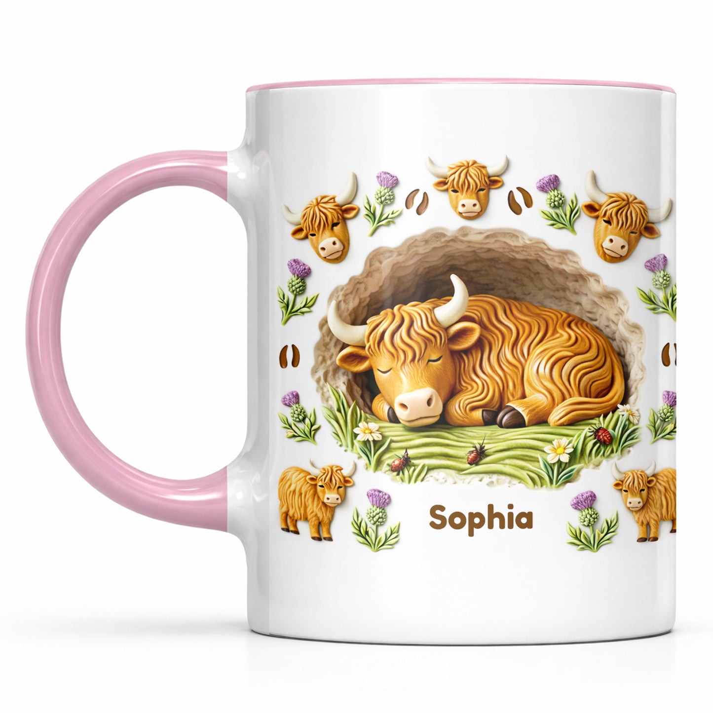 Sleeping Highland Cow With Thistles And Flowers Design