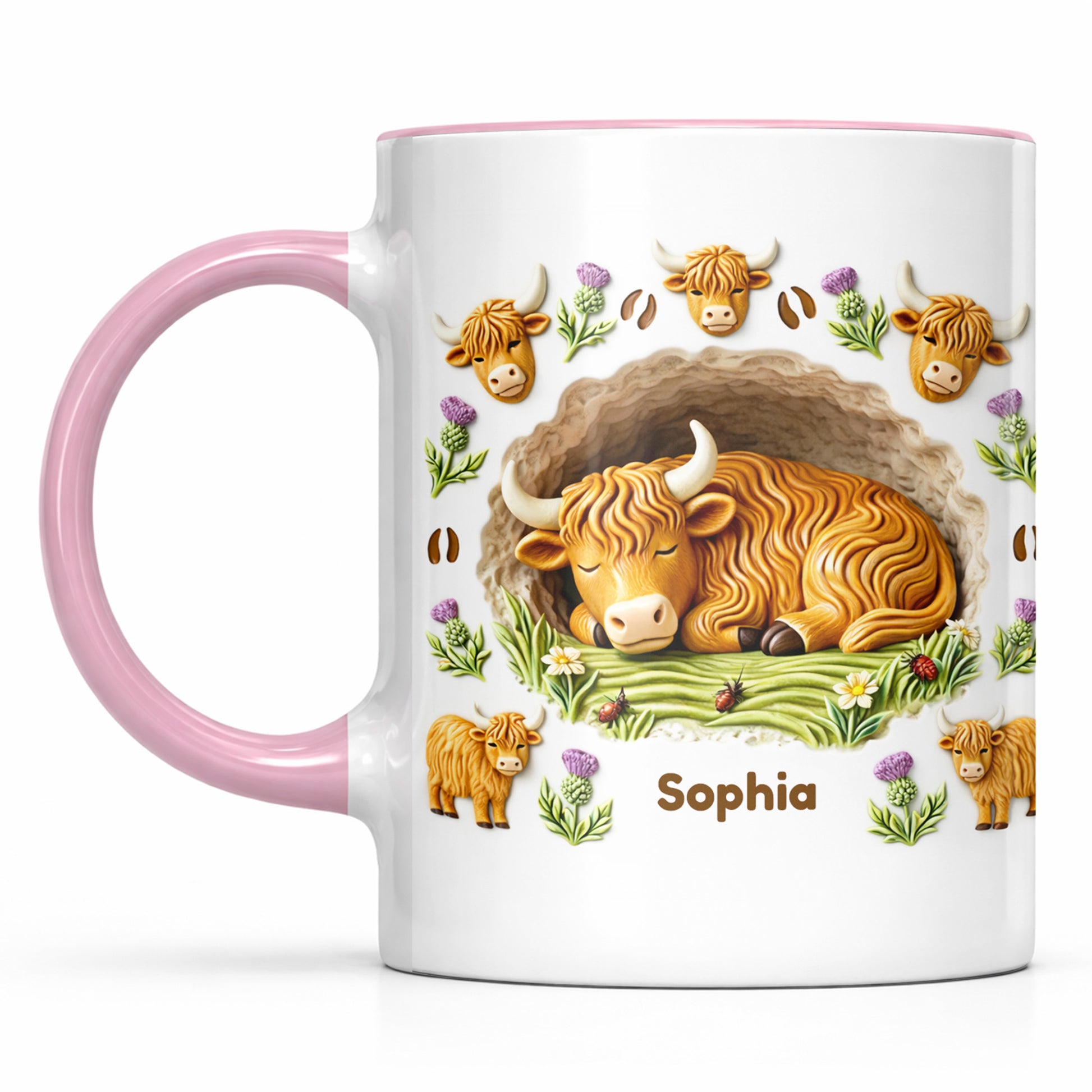 Sleeping Highland Cow With Thistles And Flowers Design