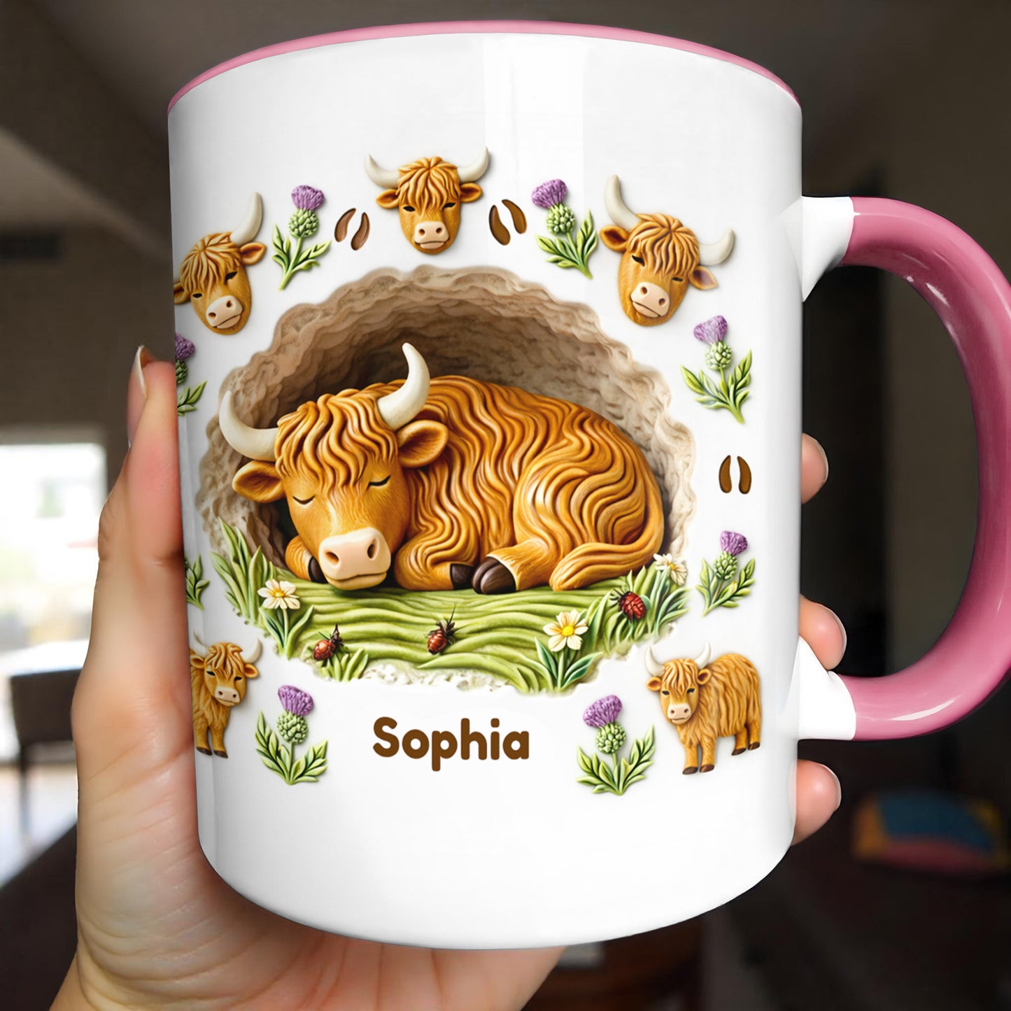 Sleeping Highland Cow With Thistles And Flowers Design