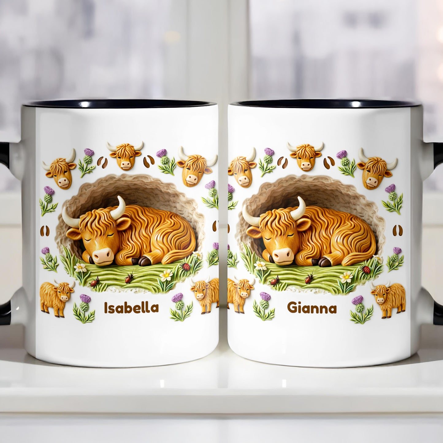 Sleeping Highland Cow With Thistles And Flowers Design