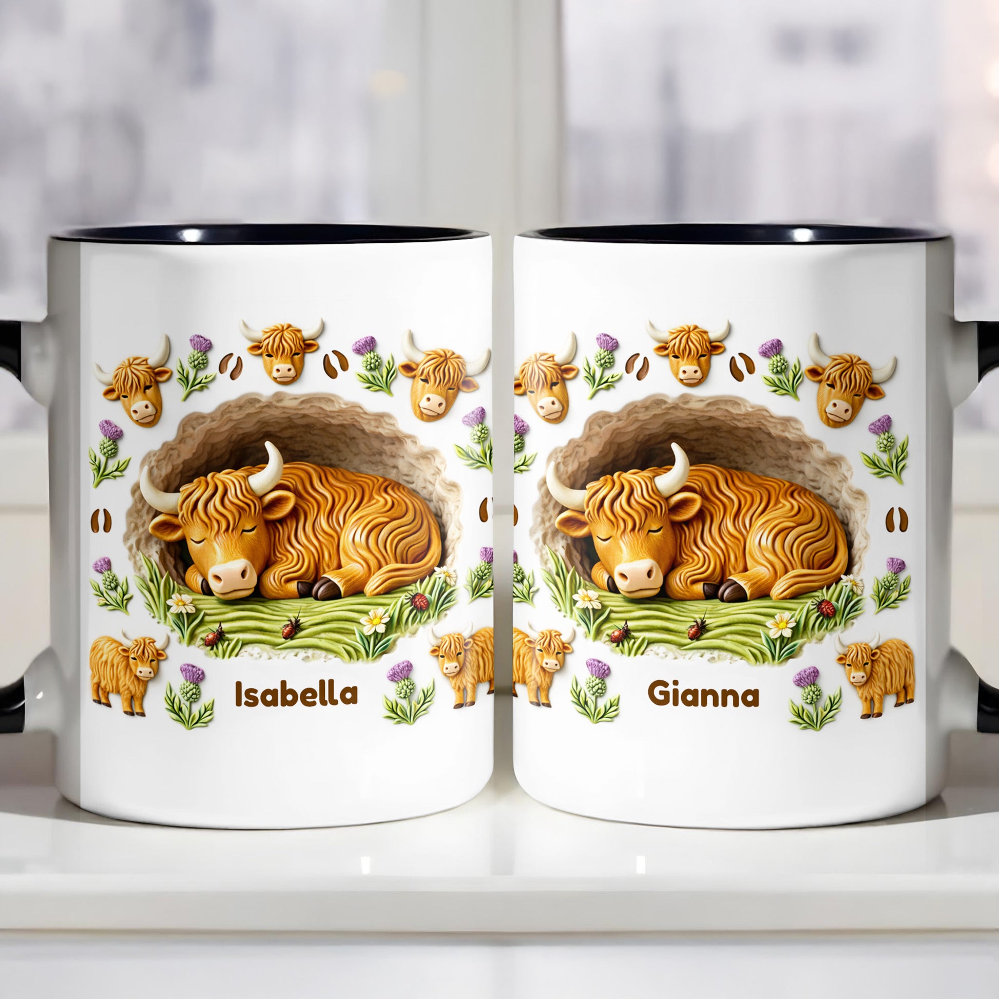 Sleeping Highland Cow With Thistles And Flowers Design