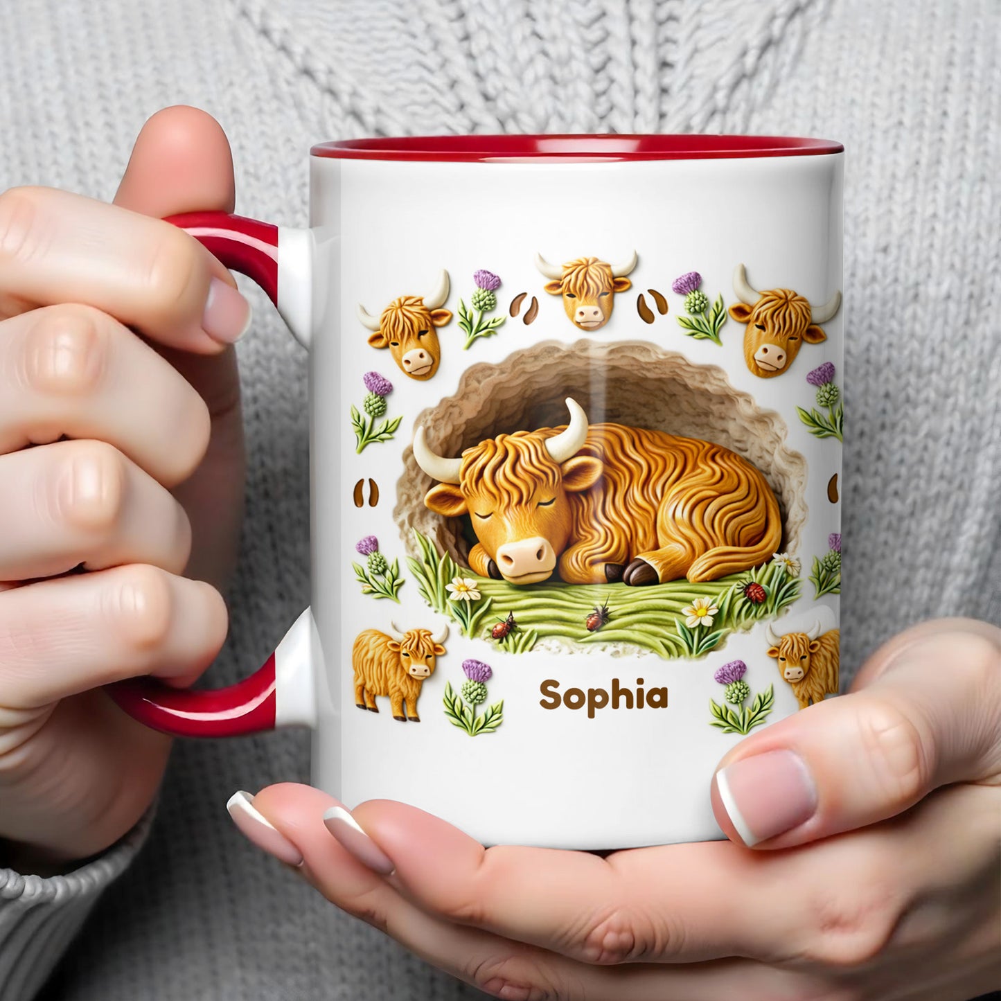 Sleeping Highland Cow With Thistles And Flowers Design