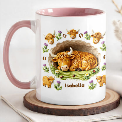 Sleeping Highland Cow With Thistles And Flowers Design