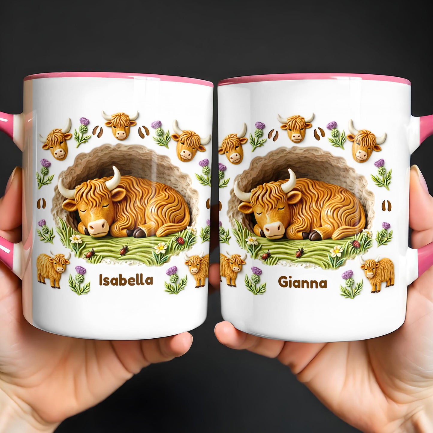 Sleeping Highland Cow With Thistles And Flowers Design