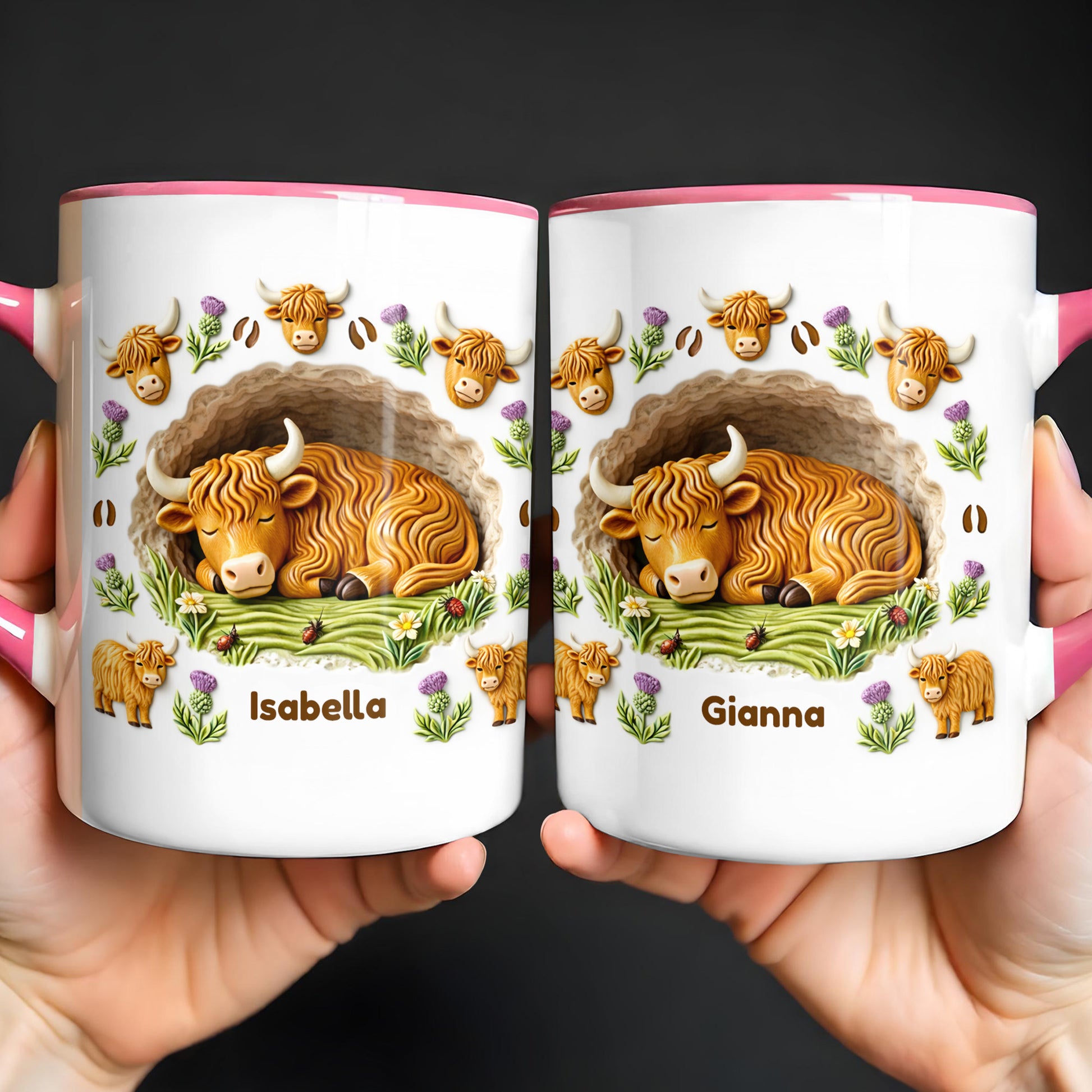 Sleeping Highland Cow With Thistles And Flowers Design