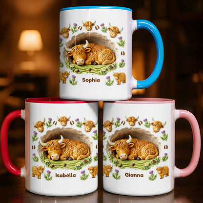 Sleeping Highland Cow With Thistles And Flowers Design