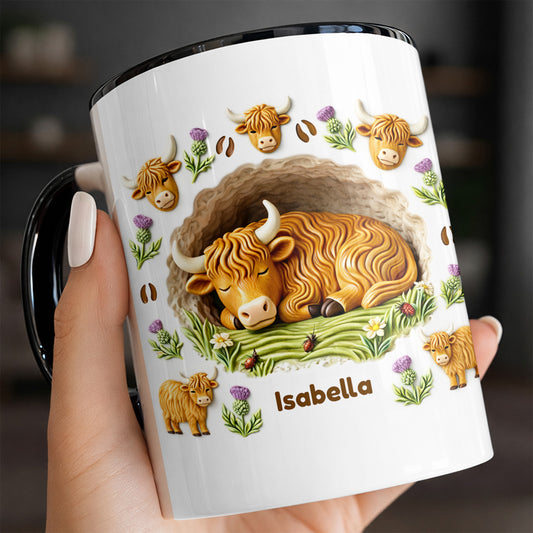 Sleeping Highland Cow With Thistles And Flowers Design