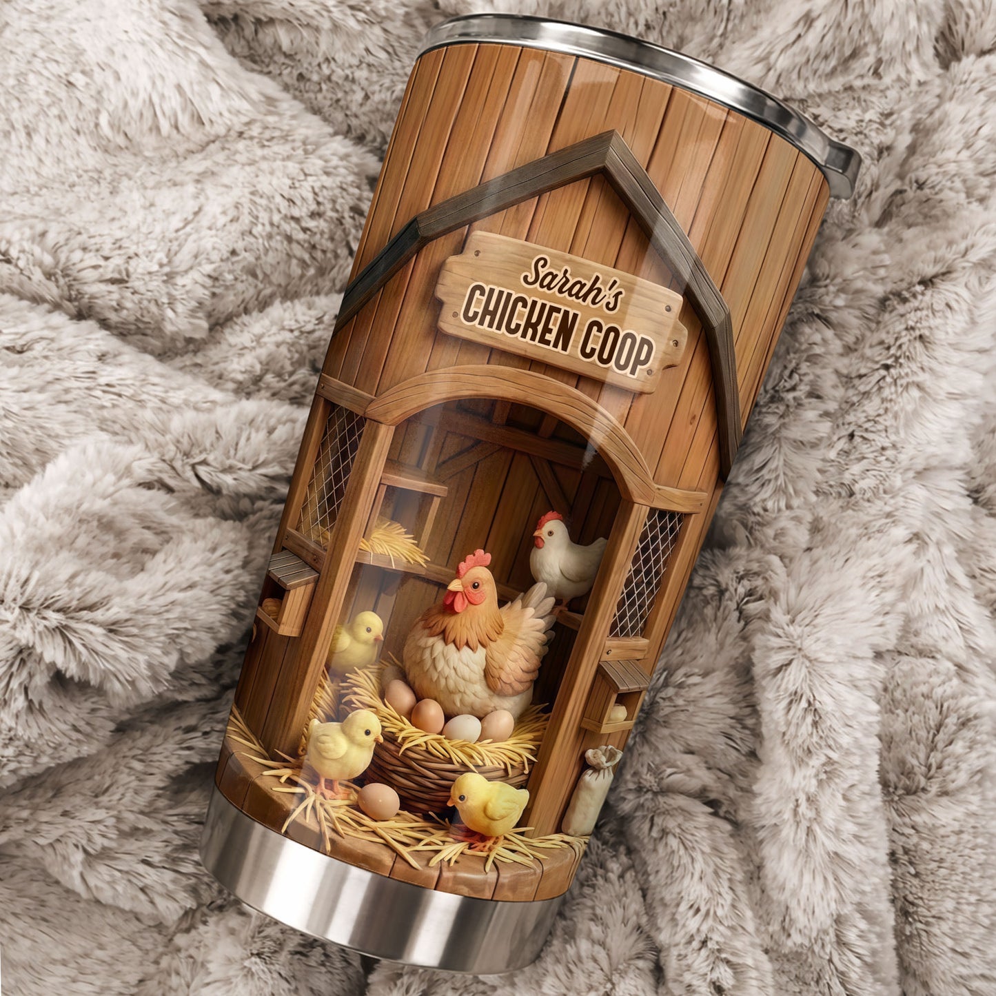 Chicken Coop With Hens And Chicks On Barn Wood