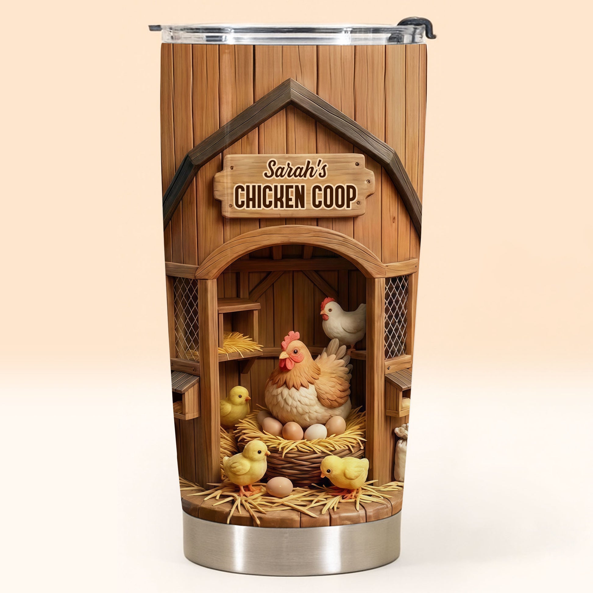 Chicken Coop With Hens And Chicks On Barn Wood
