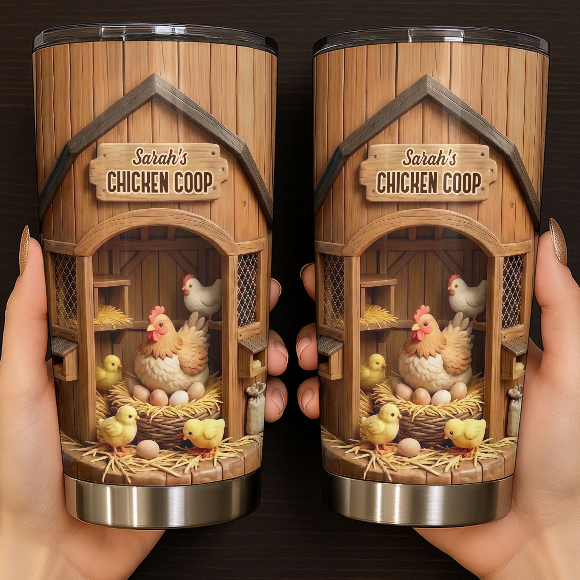 Chicken Coop With Hens And Chicks On Barn Wood