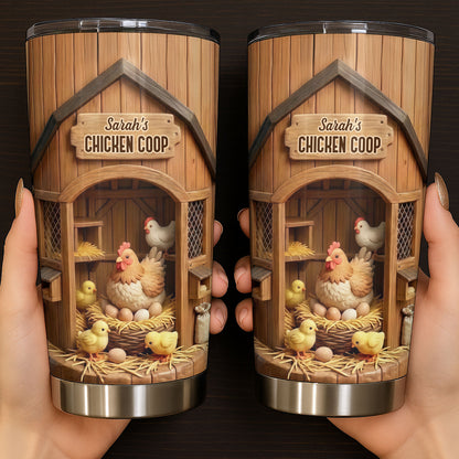 Chicken Coop With Hens And Chicks On Barn Wood