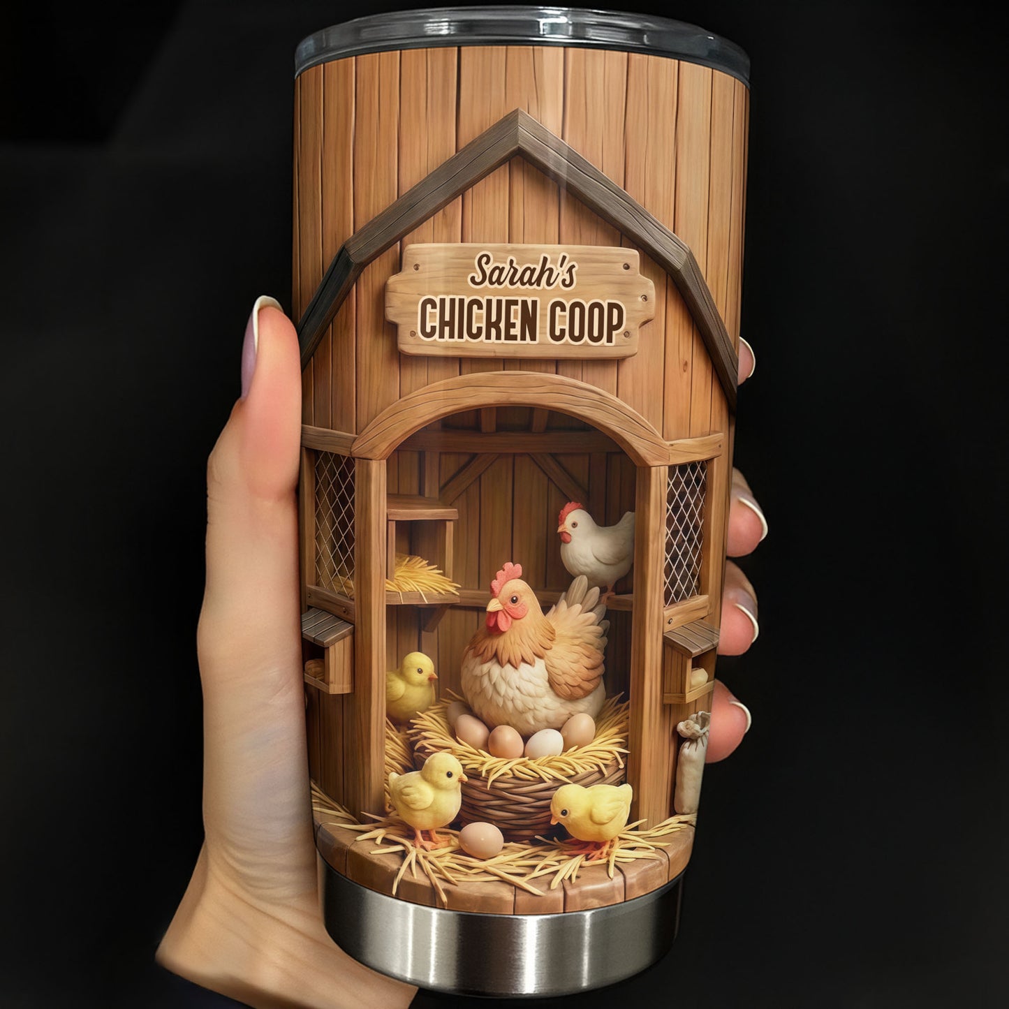 Chicken Coop With Hens And Chicks On Barn Wood