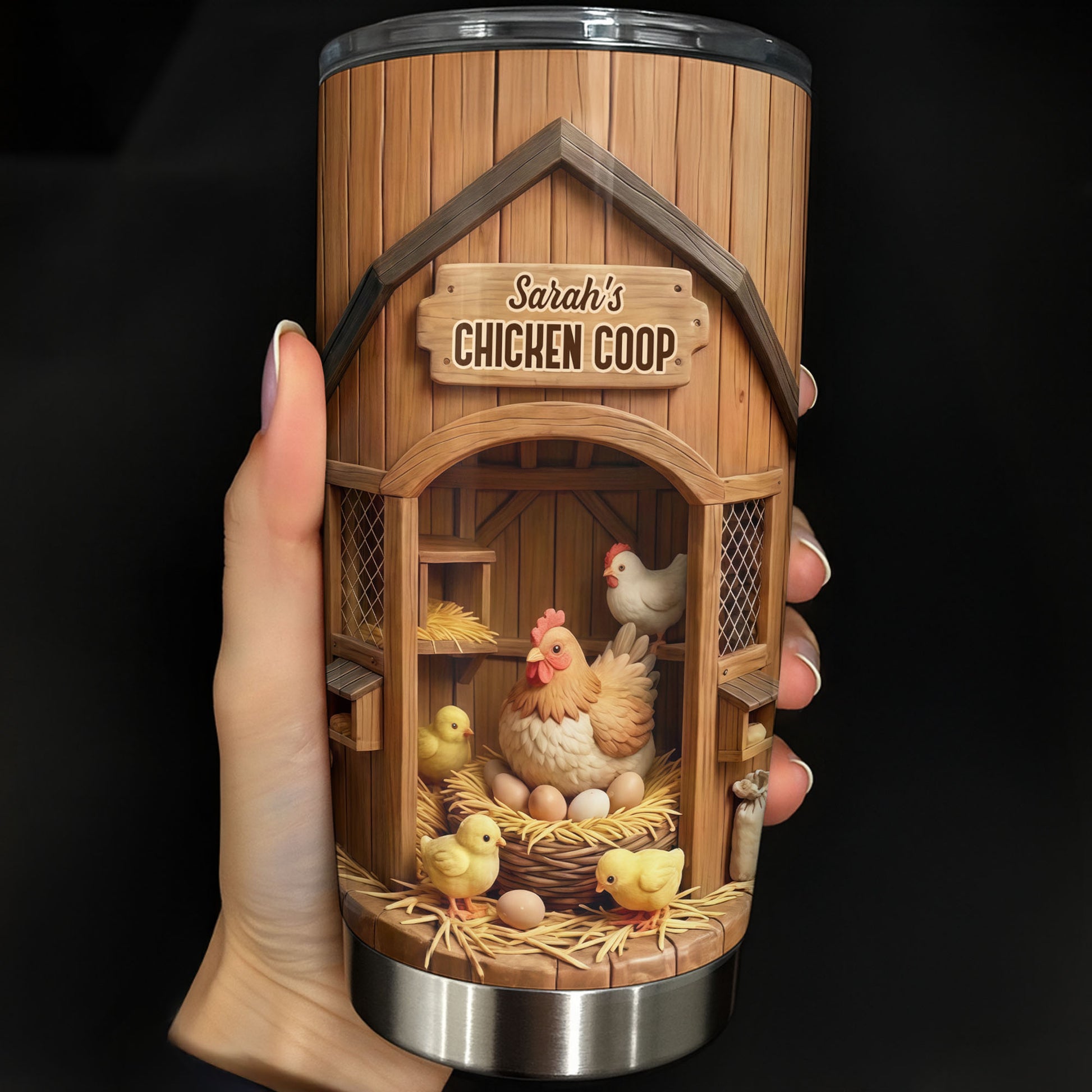 Chicken Coop With Hens And Chicks On Barn Wood